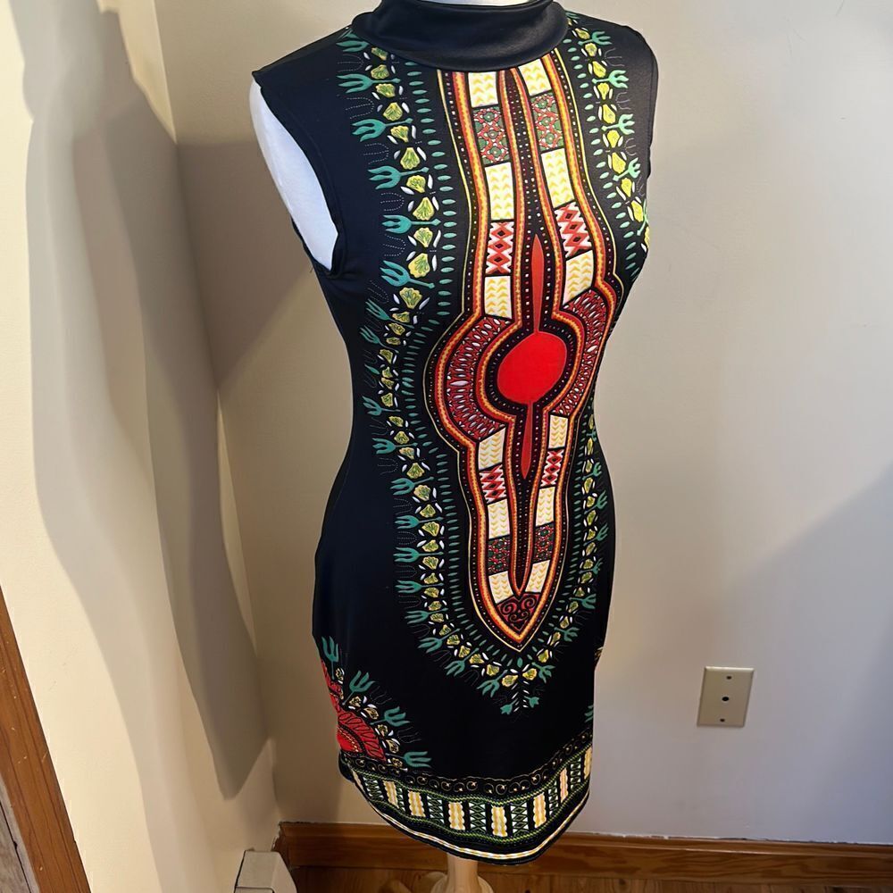 Fun bodycon colorful dress mock collar fits like a medium - Picture 9 of 11